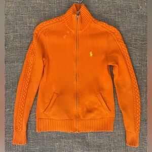 Ralph Lauren Sport Orange Full Zip Cardigan Sz S/P Mock Neck Logo Pockets